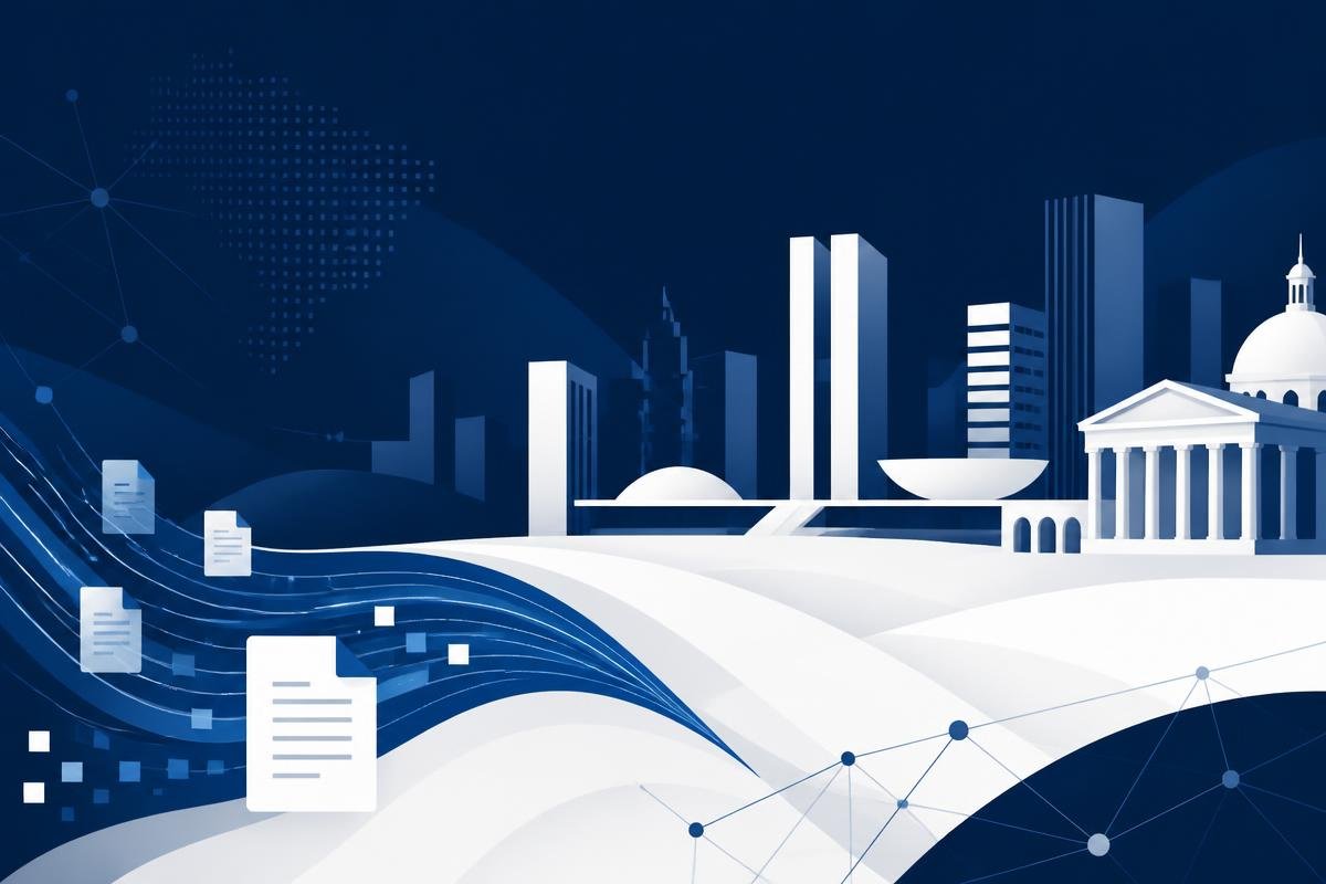 Ilustração institucional de cidades digitais e gestão de documentos